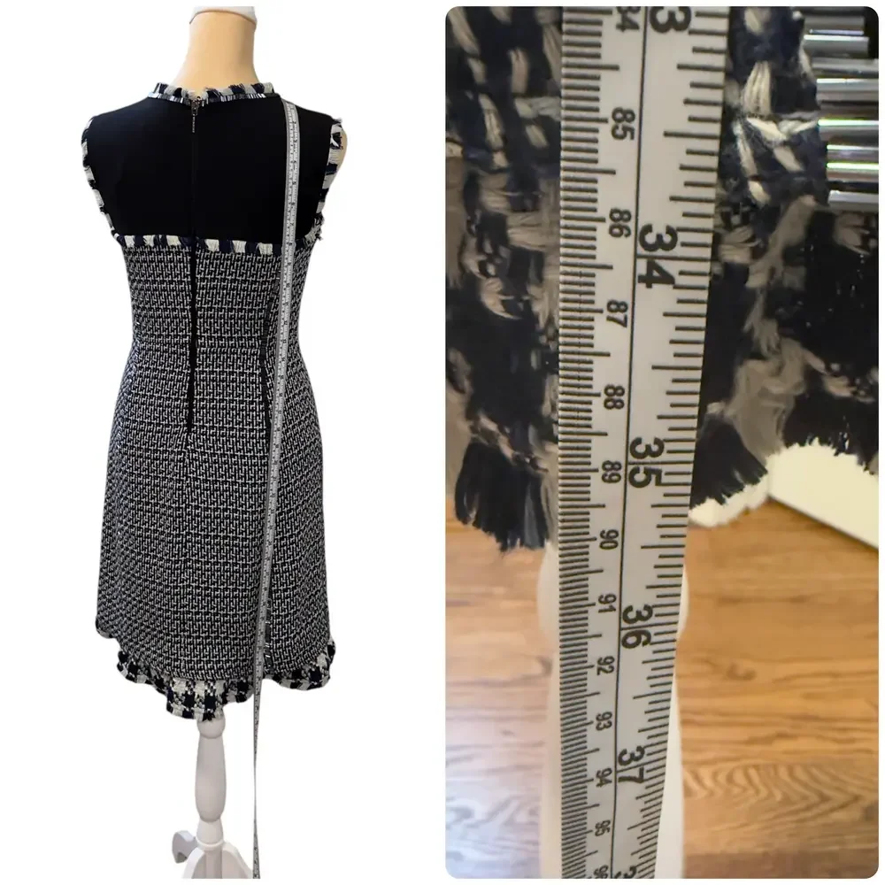 TORY BURCH Tweed Sheath Dress Mixed Media Fringe Beaded Seams Navy Cream Size 2